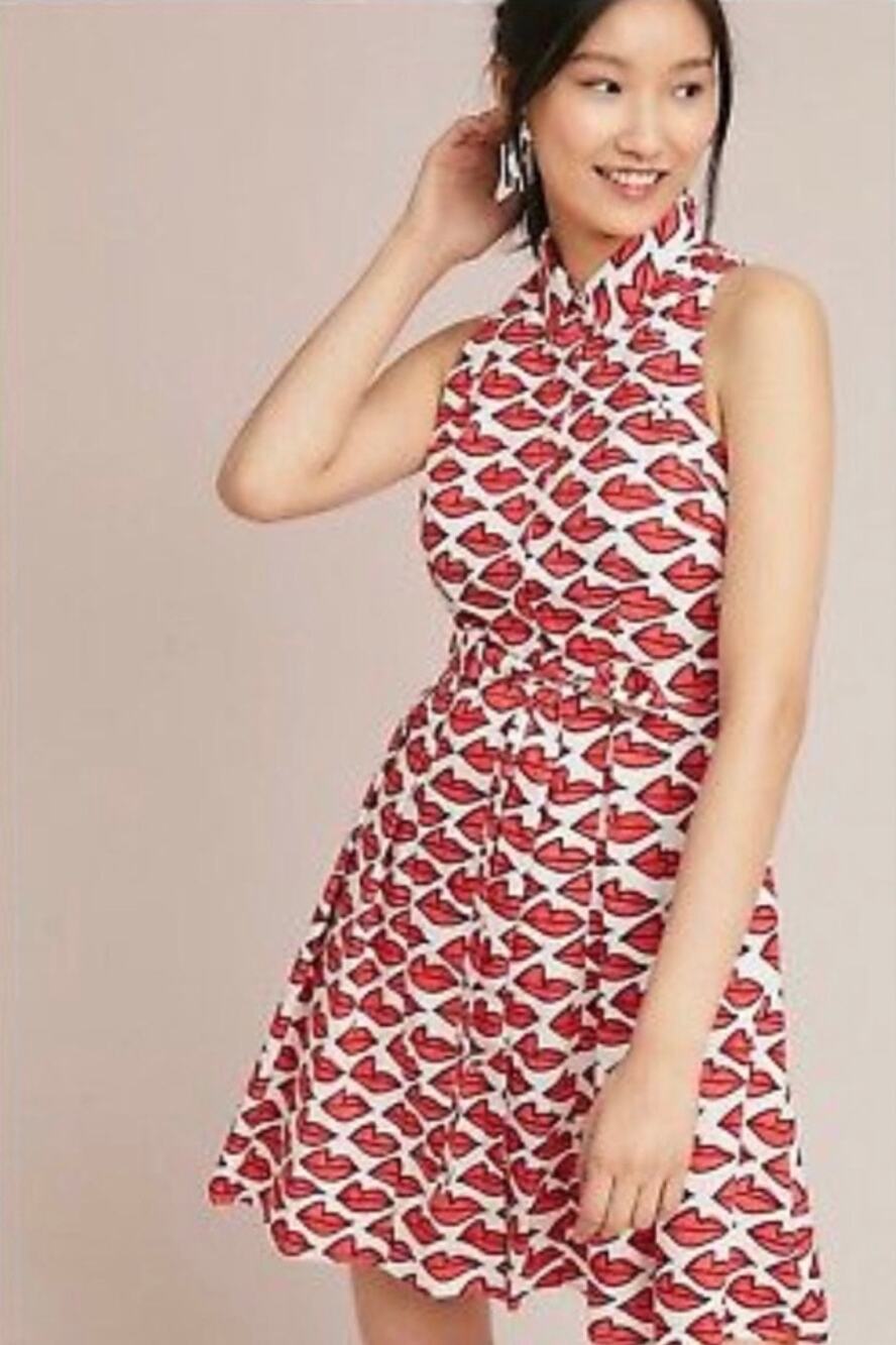 Anthropologie Red Lips 👄 Shirt Dress Sz 12 Sleeveless Ann Howell Bullard Flirty